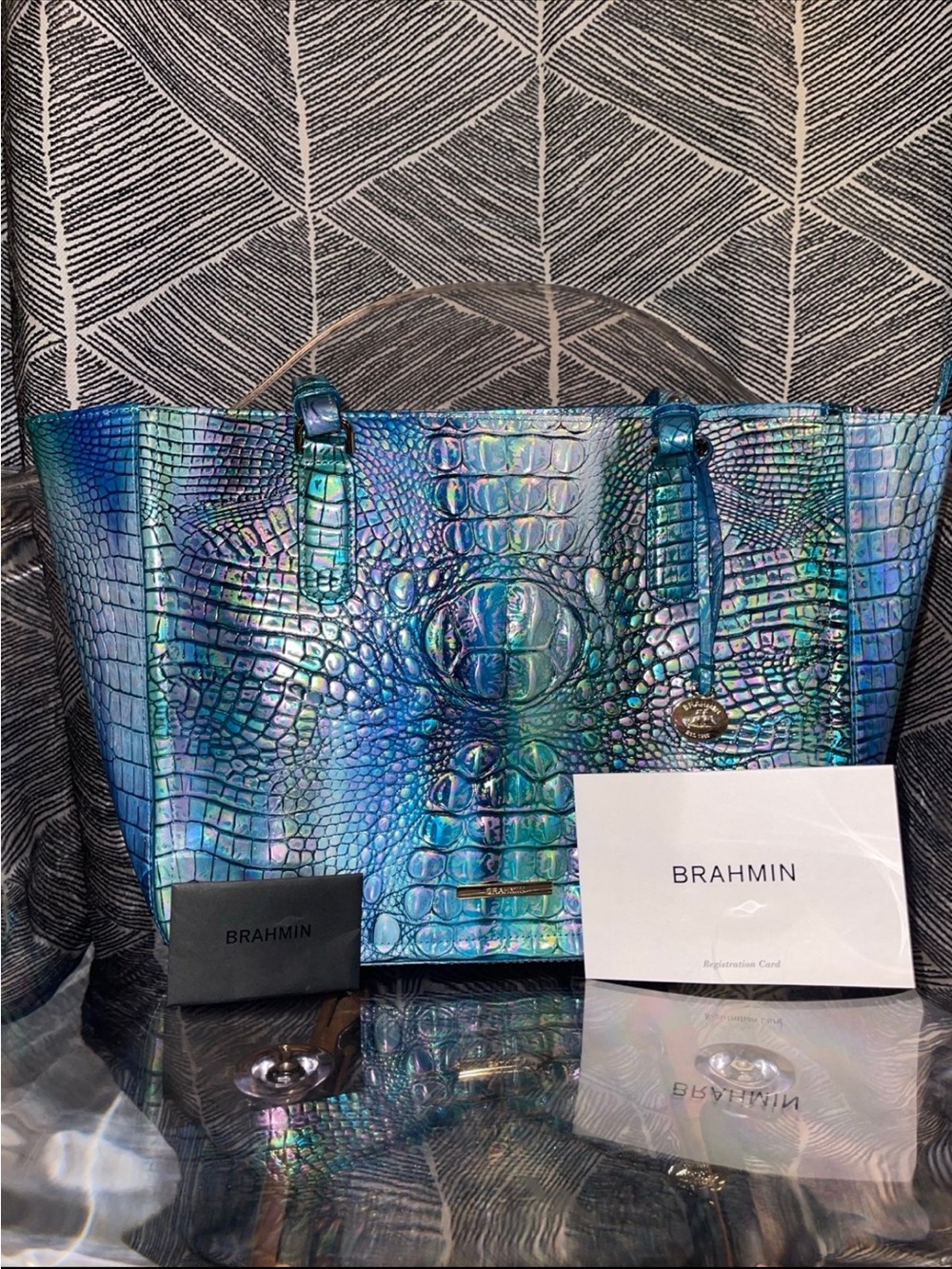 Brahmin Iridescent Blue-Green Croc-Embossed Tote